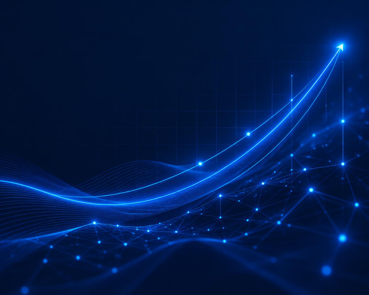 Abstract visual of a rising growth curve over a connected digital network